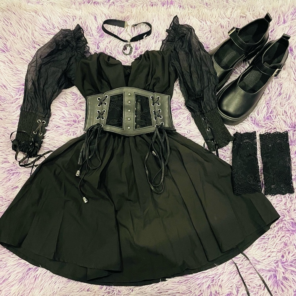 SHEIN Black Ruched Waistline Puff Sleeve Goth Lolita Dress - Women’s Size Small